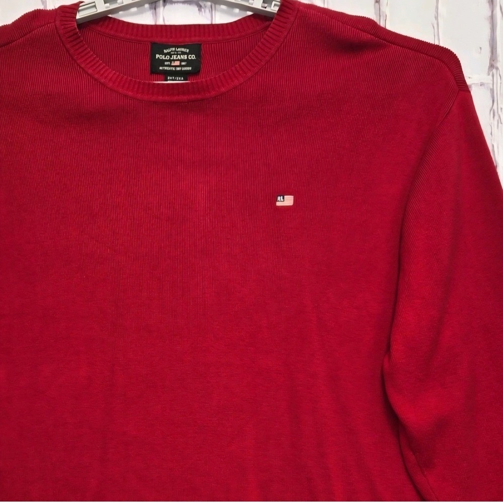 Y2K Ralph Lauren Polo Jeans Co Red Cotton Knit Flag Logo Sweater Mens 2XL Tall